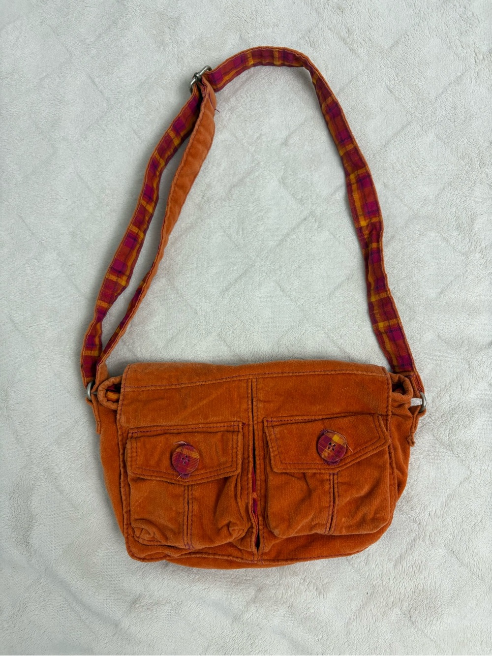 Y2K Orange Corduroy Shoulder Bag with Plaid Details